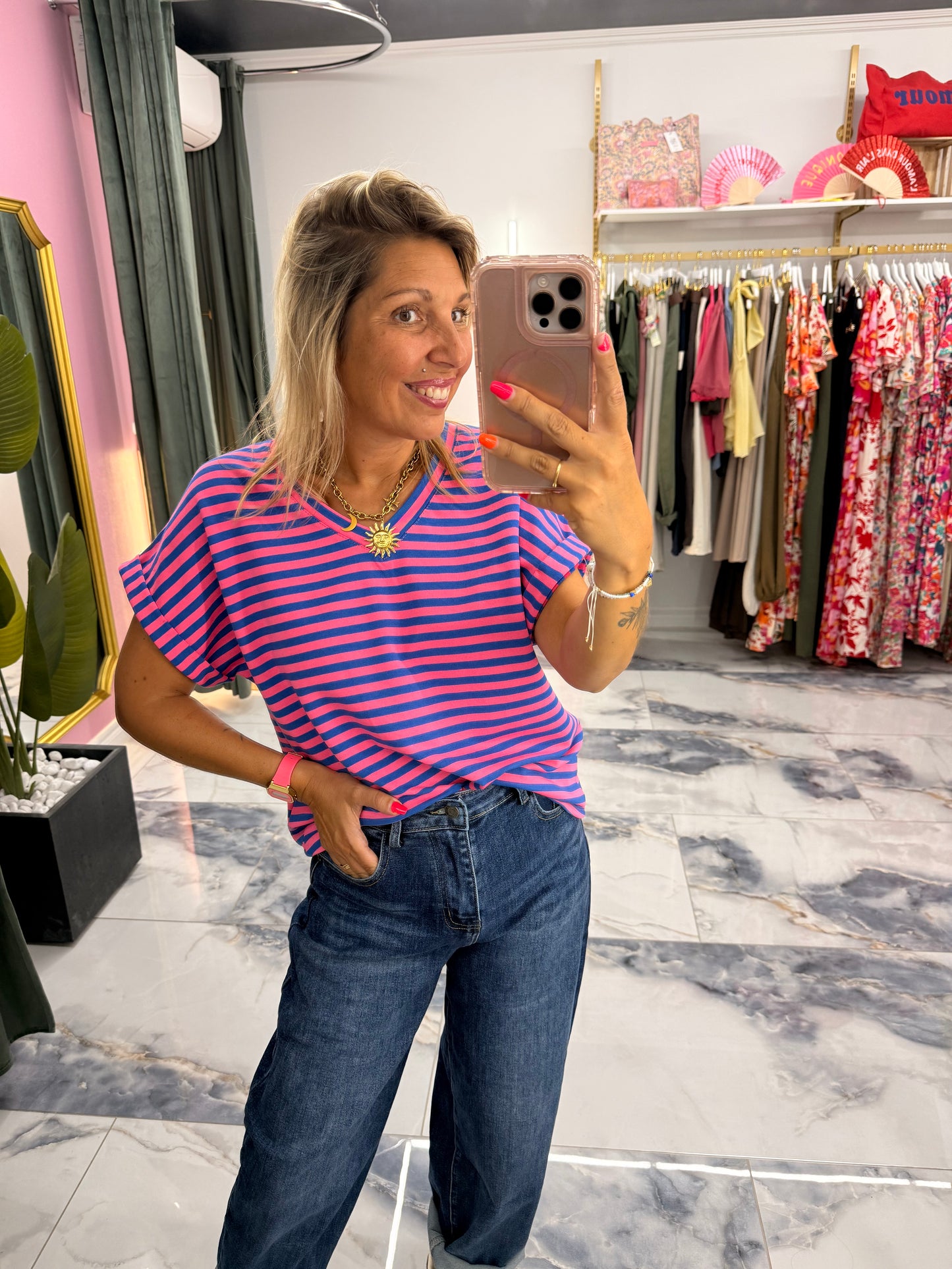 T-shirt MARINETTE rose/bleu col V