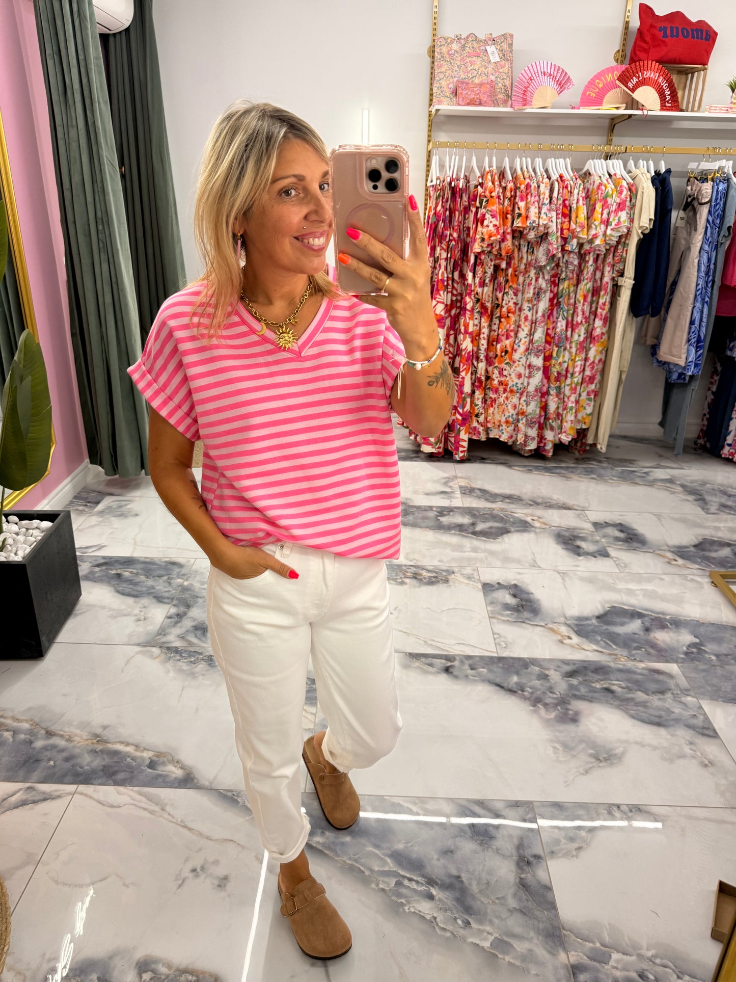 T-shirt MARINETTE Rose bonbon col V