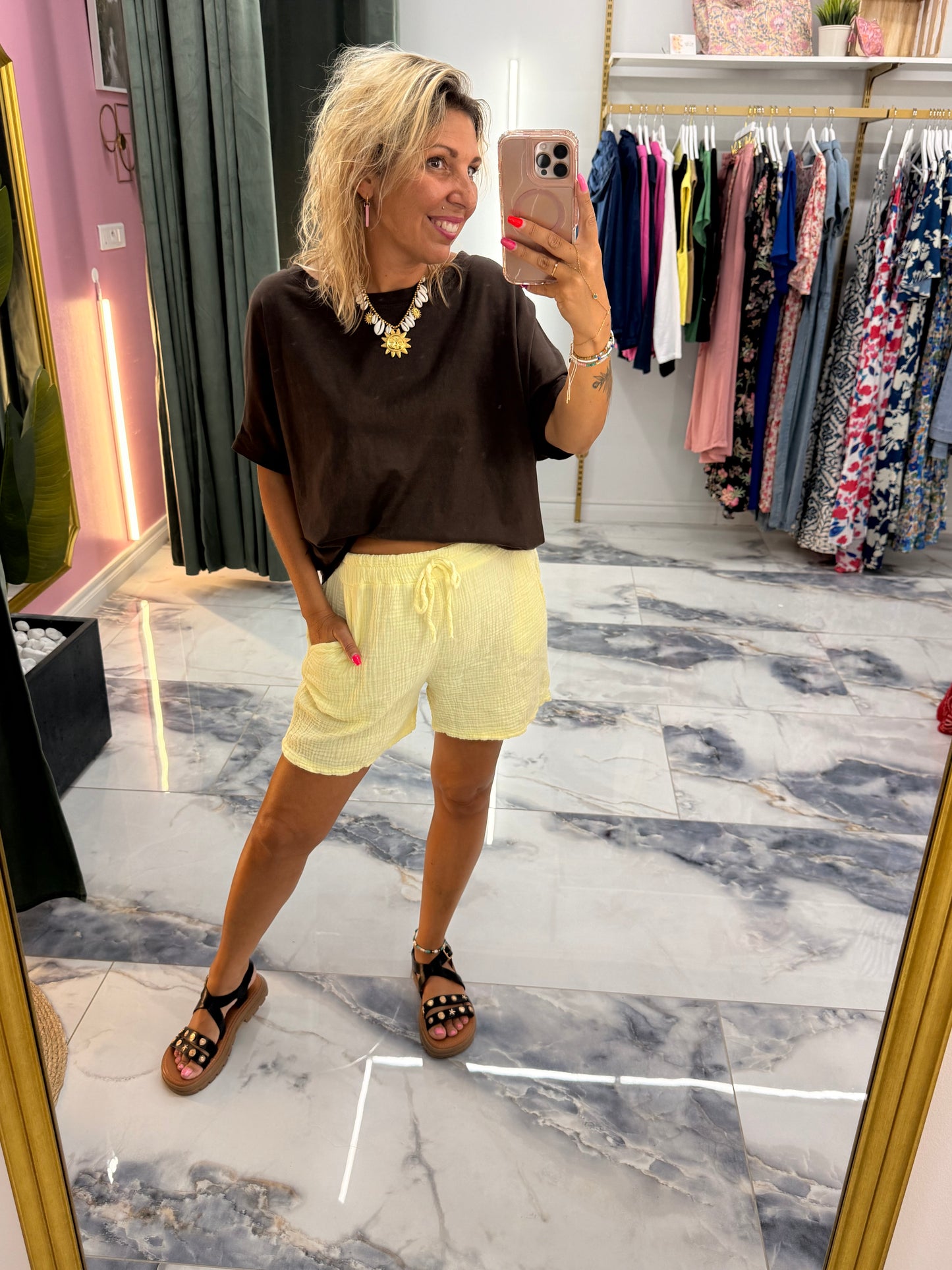 Short BASIC gaze de coton jaune