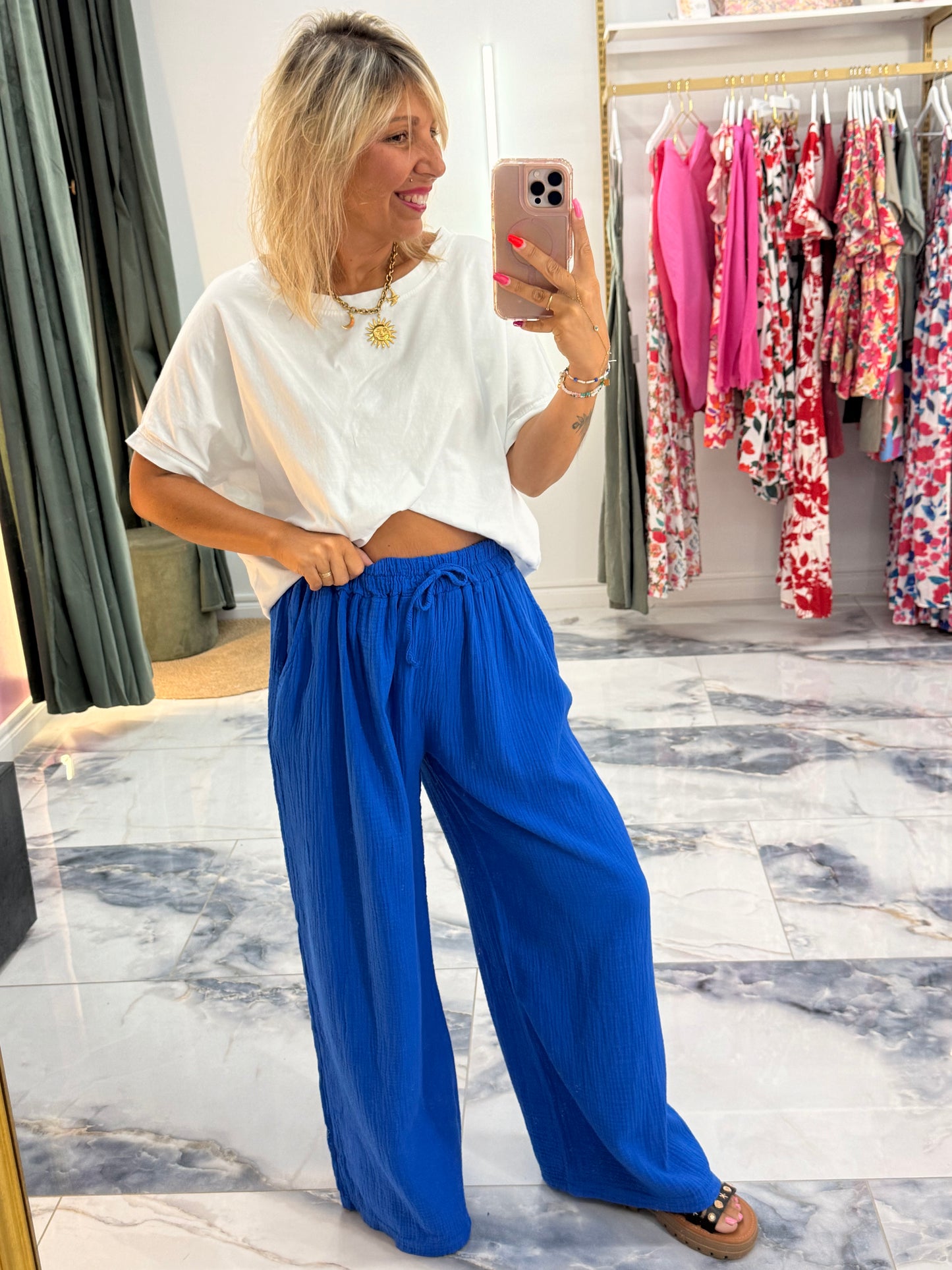 Pantalon JEANNETTE gaze de coton bleu royale