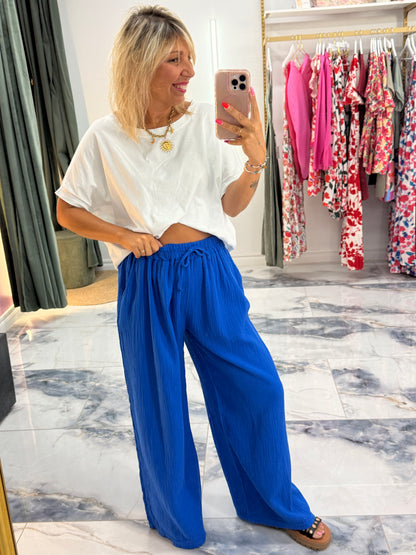 Pantalon JEANNETTE gaze de coton bleu royale