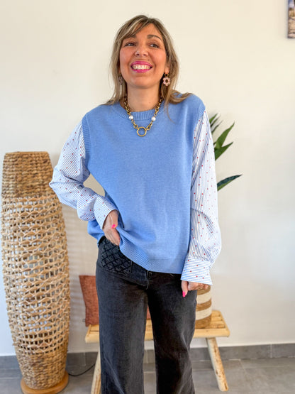 Pull chemise intégrée CAMILLE bleu