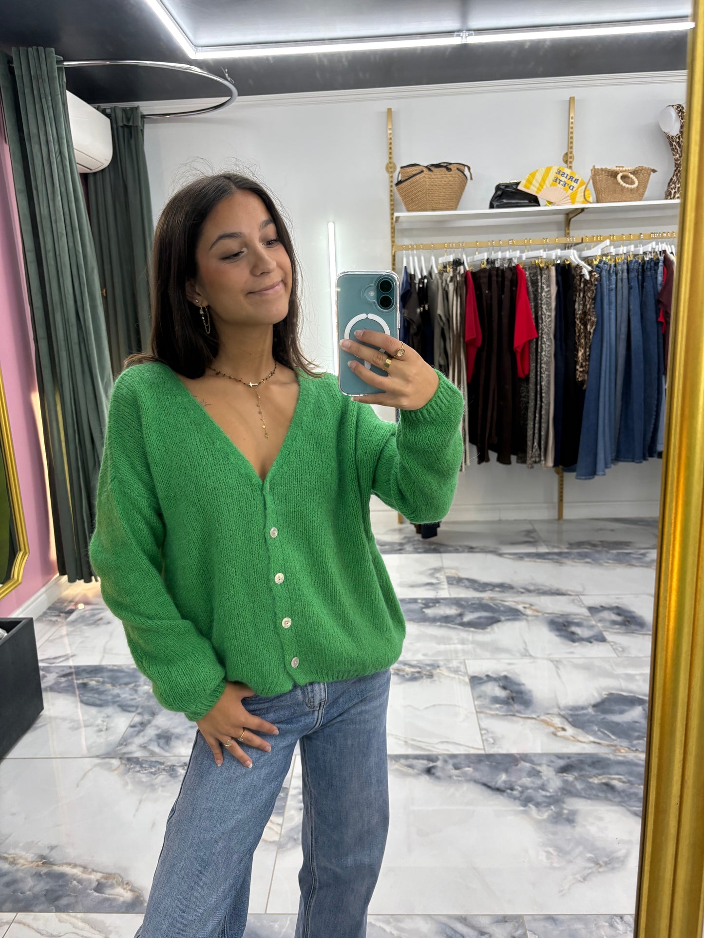 Gilet col V EMMY vert sapin