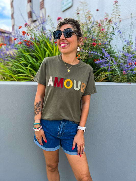 AMOUR- t-shirt kaki brodé