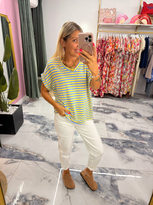 T-shirt MARINETTE Bleu/jaune col V