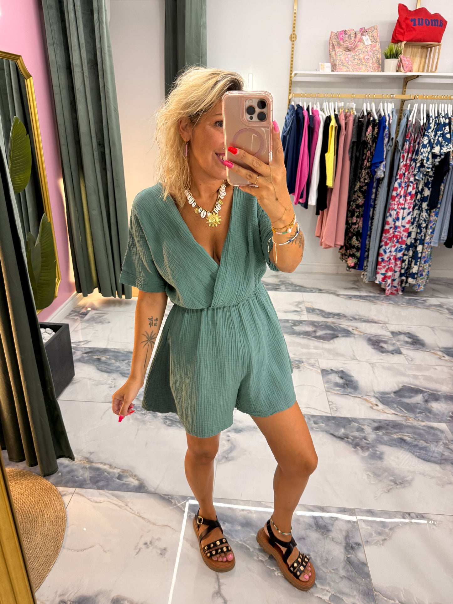 Combishort SANDY gaze de coton vert d’eau
