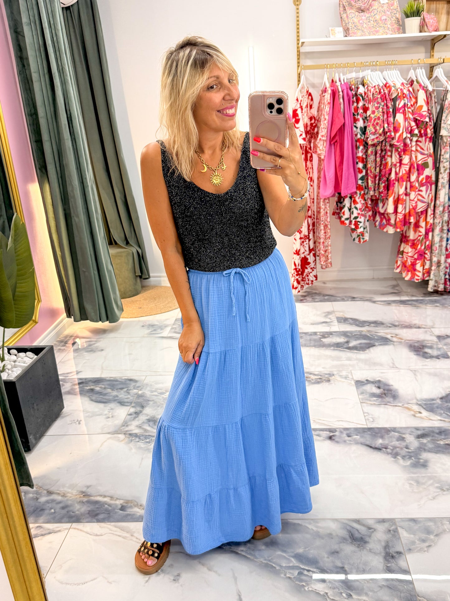 Jupe GARANCE gaze de coton bleu azur