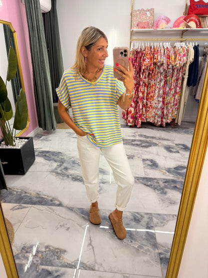T-shirt MARINETTE Bleu/jaune col V