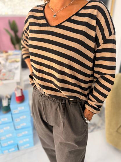 T-shirt marinière SUZIE noir/camel