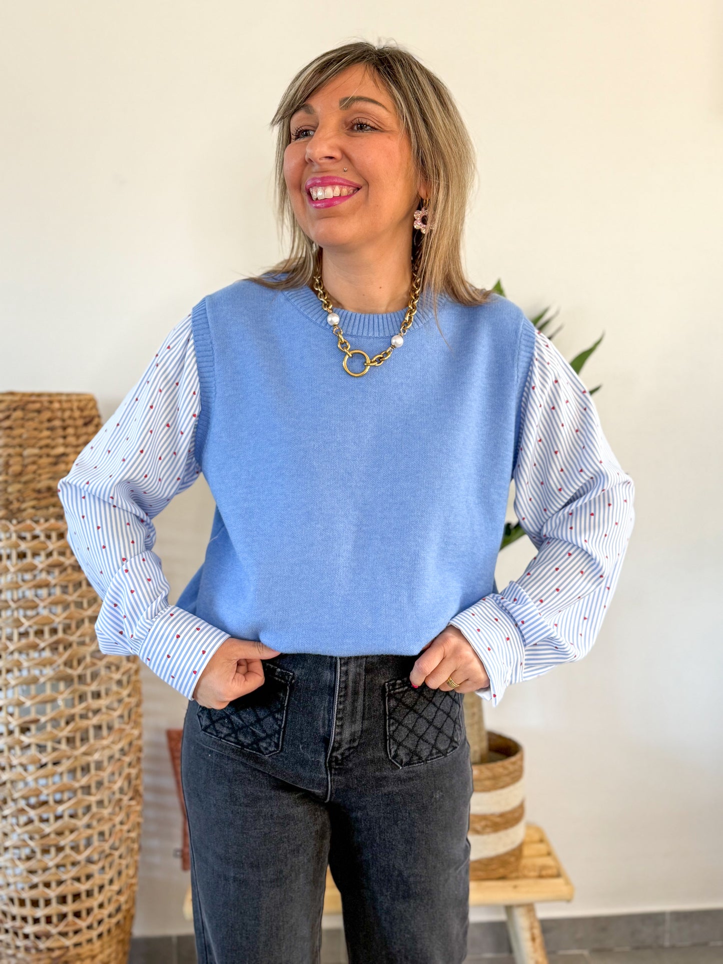 Pull chemise intégrée CAMILLE bleu