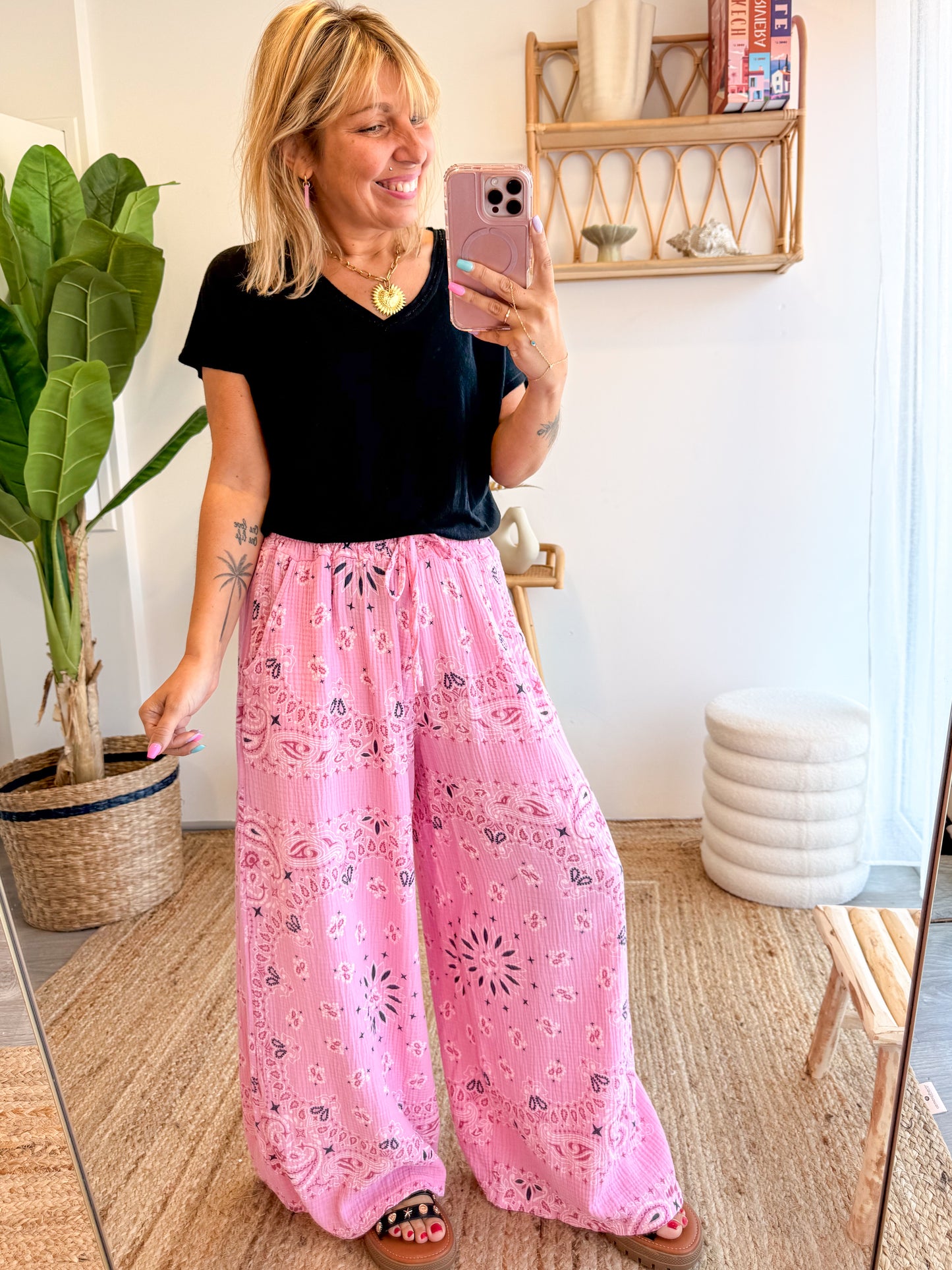 Pantalon BANDANA gaze de coton rose