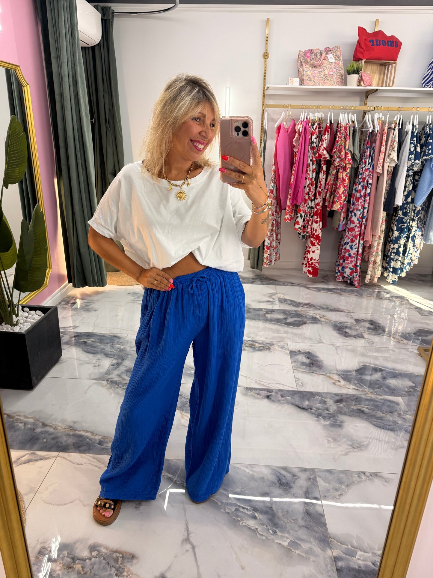 Pantalon JEANNETTE gaze de coton bleu royale