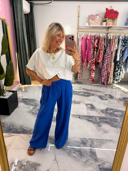 Pantalon JEANNETTE gaze de coton bleu royale