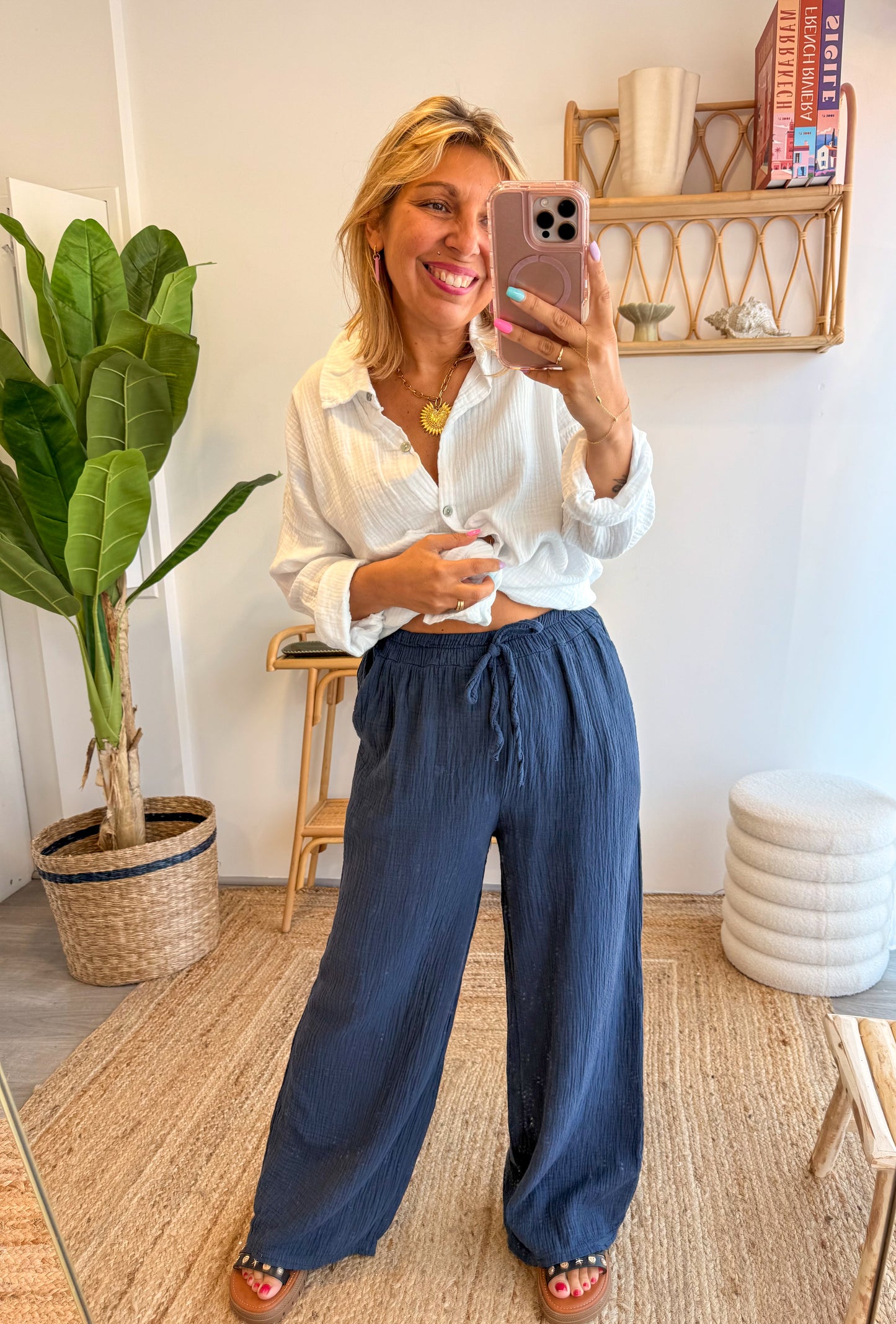 Pantalon JEANNE gaze de coton bleu marine
