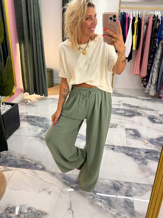 Pantalon JEANNETTE gaze de coton kaki