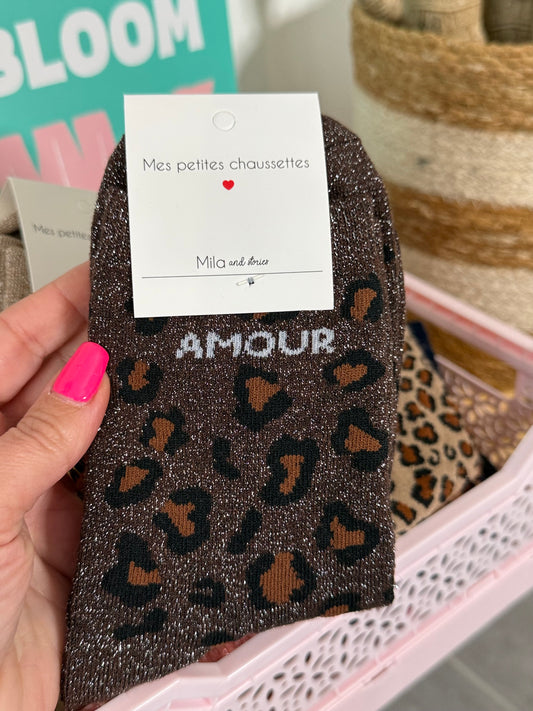 Chaussettes pailletées léopard AMOUR marron