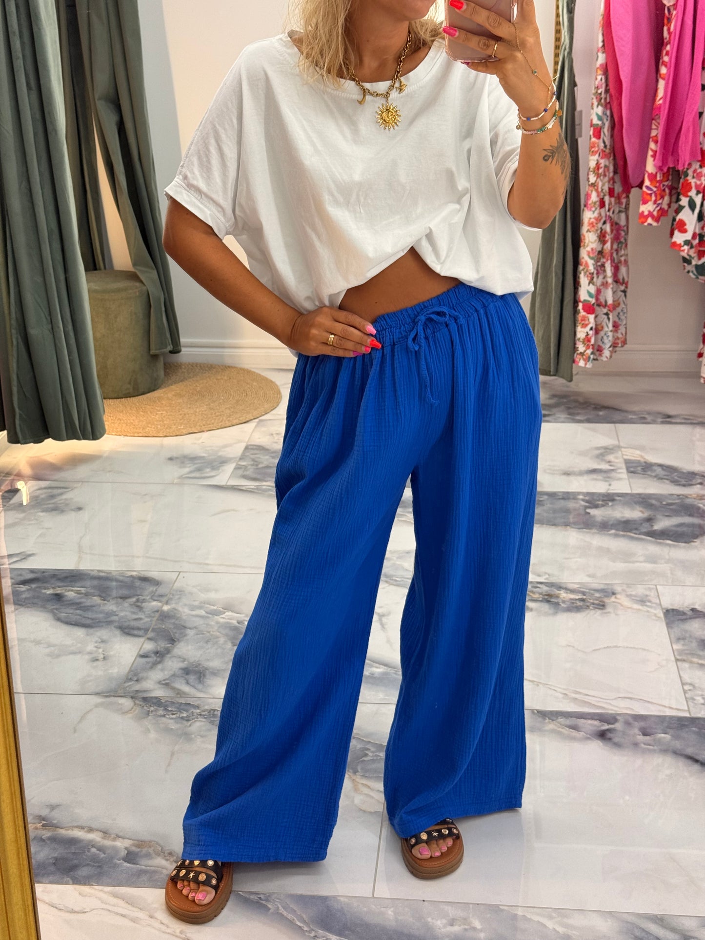 Pantalon JEANNETTE gaze de coton bleu royale