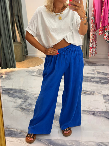 Pantalon JEANNETTE gaze de coton bleu royale