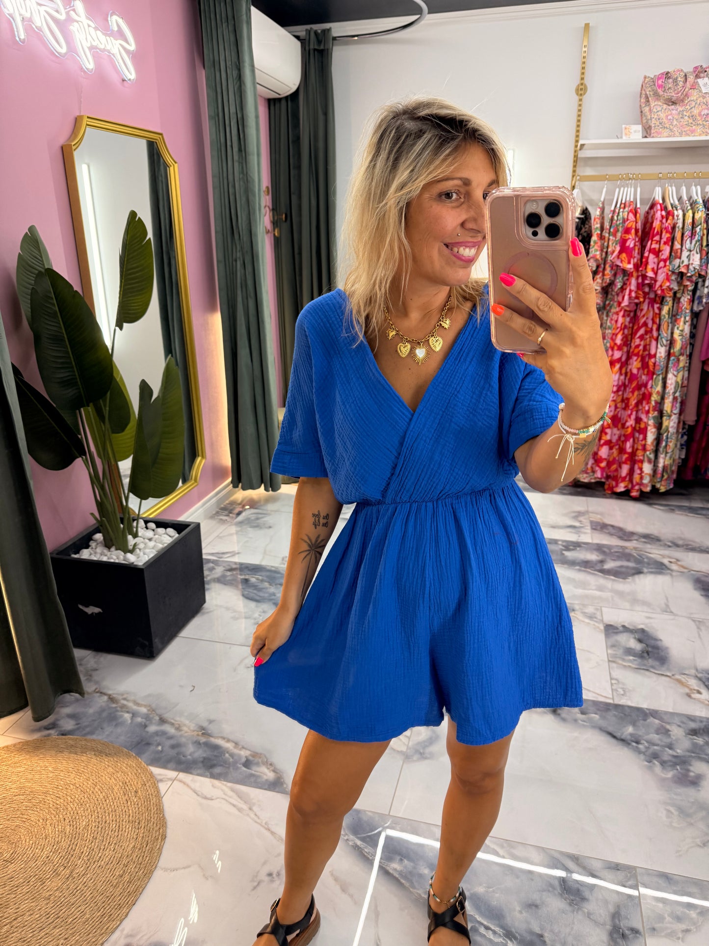 Combishort SANDY gaze de coton bleu électrique