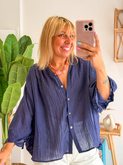 Blouse MAÉ voile de coton bleu marine
