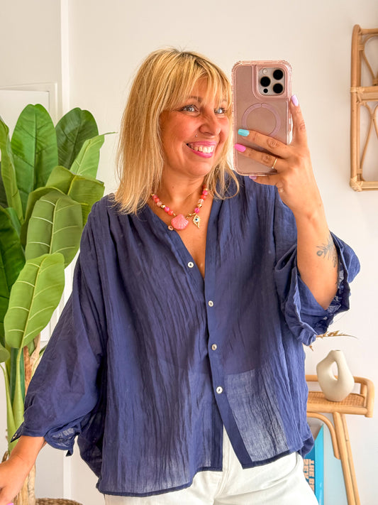 Blouse MAÉ voile de coton bleu marine