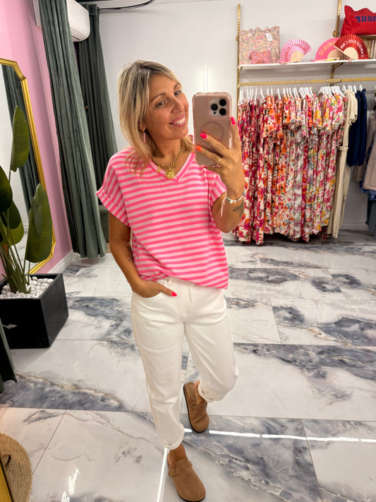 T-shirt MARINETTE Rose bonbon col V
