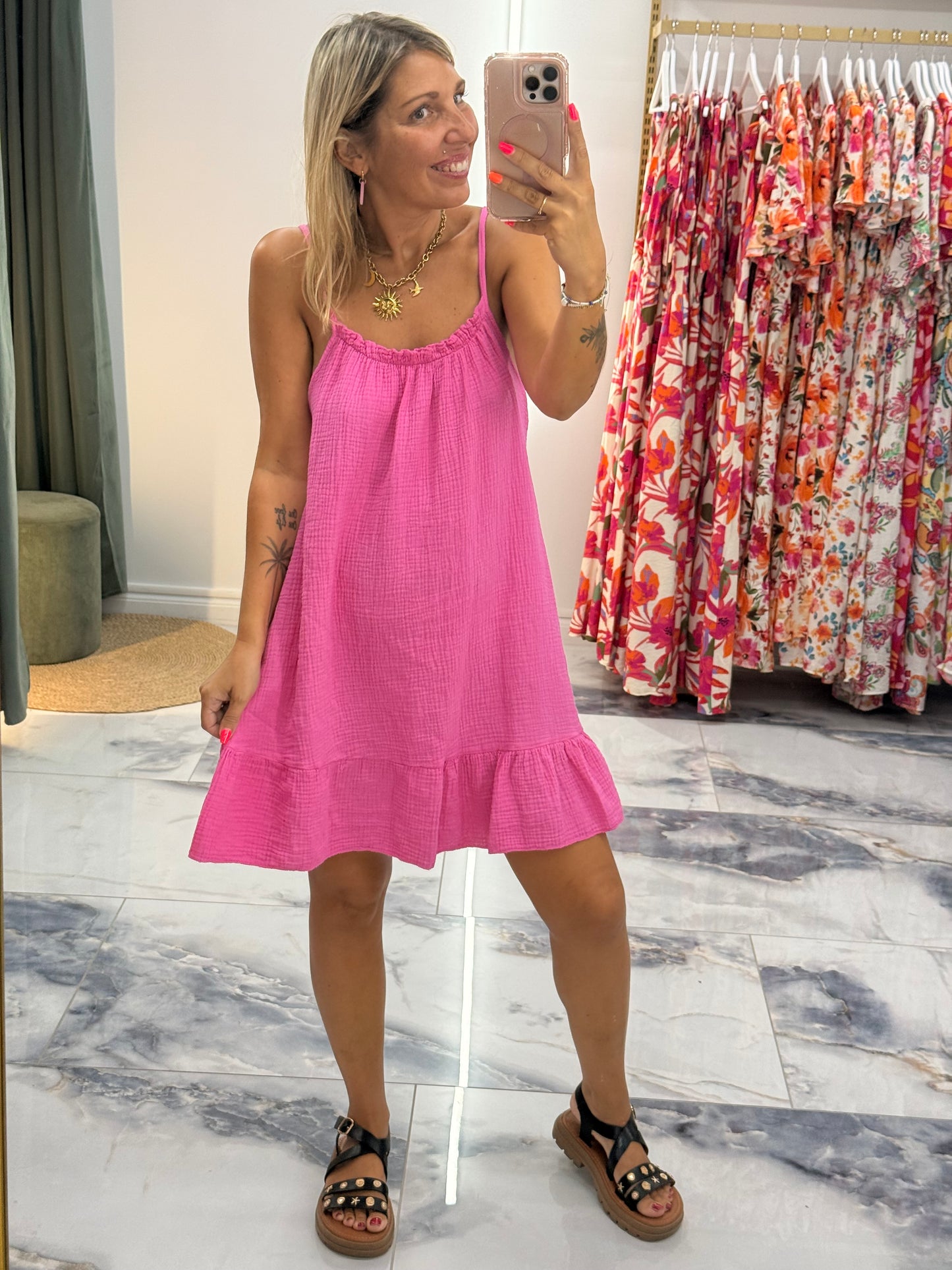 Robe LOLA gaze de coton Fushia