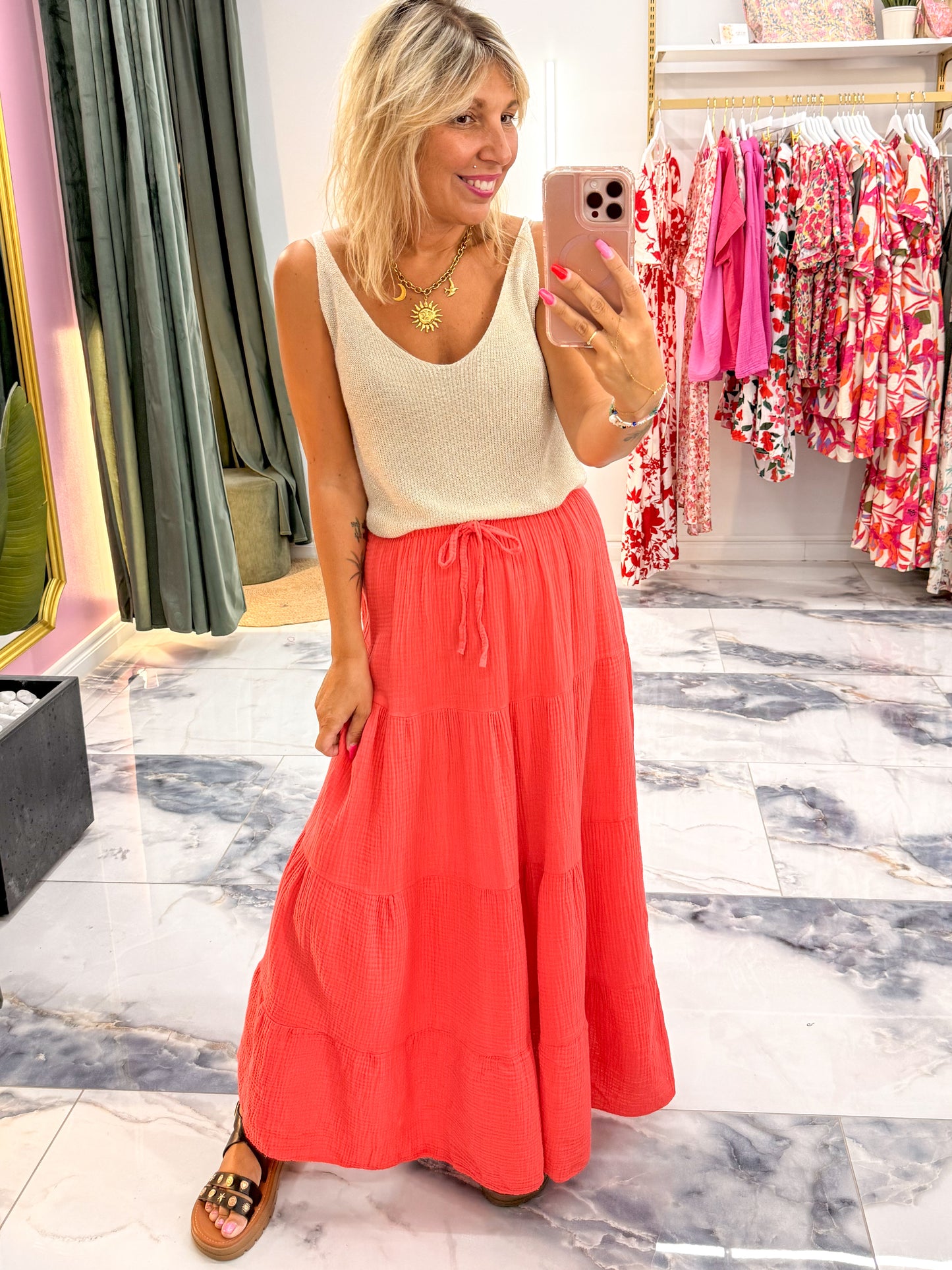 Jupe GARANCE gaze de coton corail