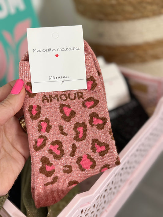 Chaussettes pailletées léopard AMOUR rose