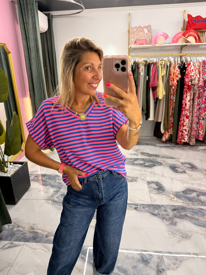 T-shirt MARINETTE rose/bleu col V