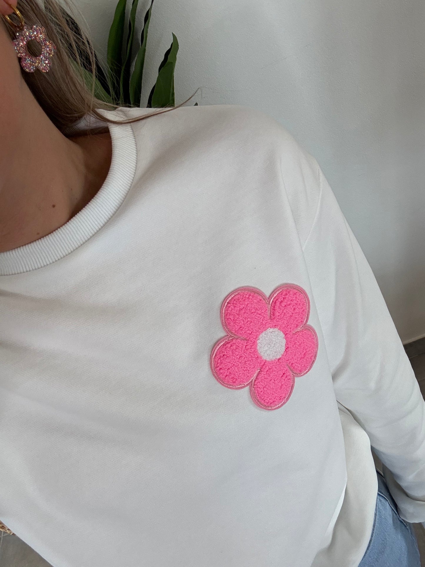 Sweat blanc FLEUR rose