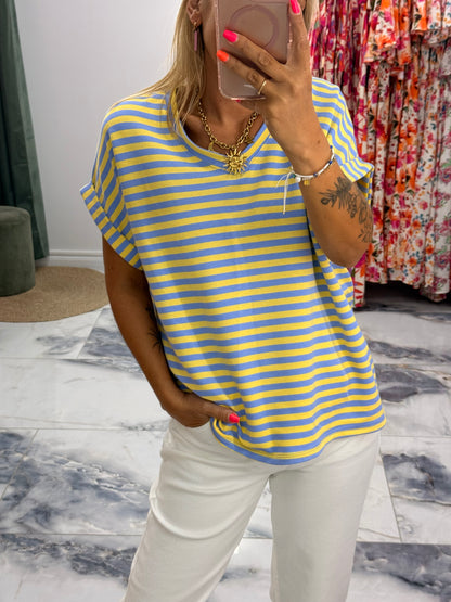 T-shirt MARINETTE Bleu/jaune col V