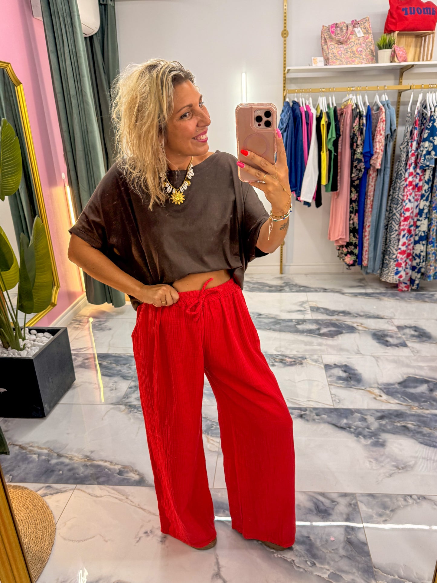 Pantalon JEANNETTE gaze de coton rouge