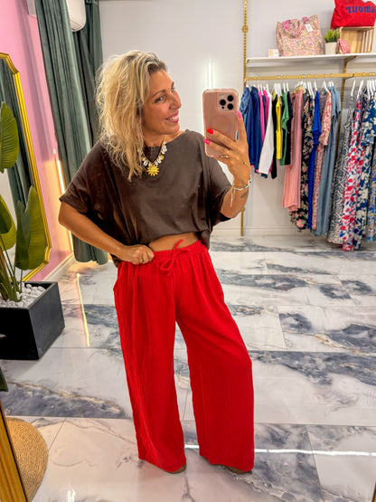 Pantalon JEANNETTE gaze de coton rouge
