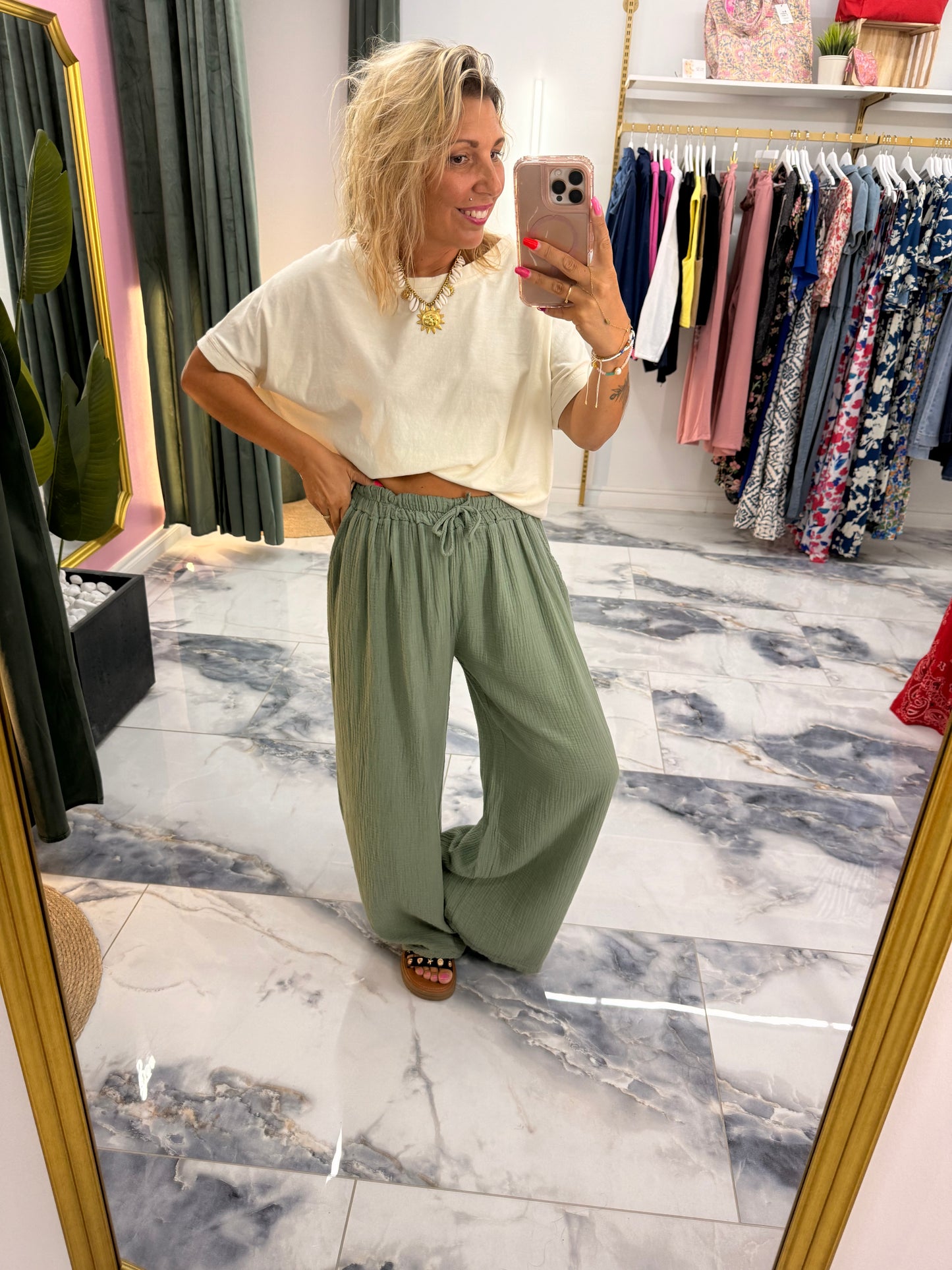 Pantalon JEANNETTE gaze de coton kaki