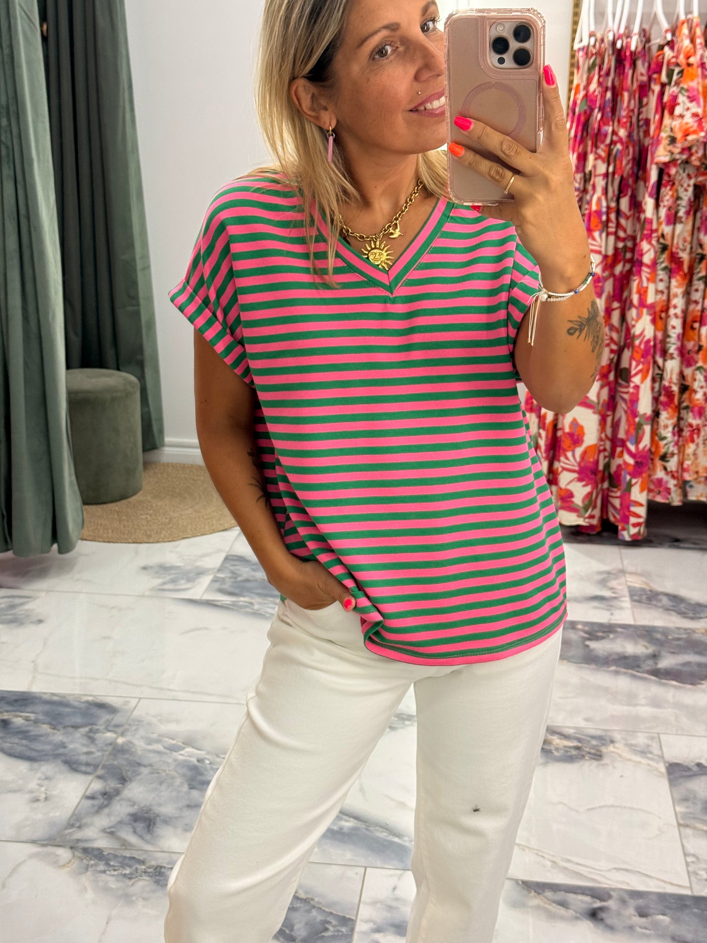 T-shirt MARINETTE vert/rose col V