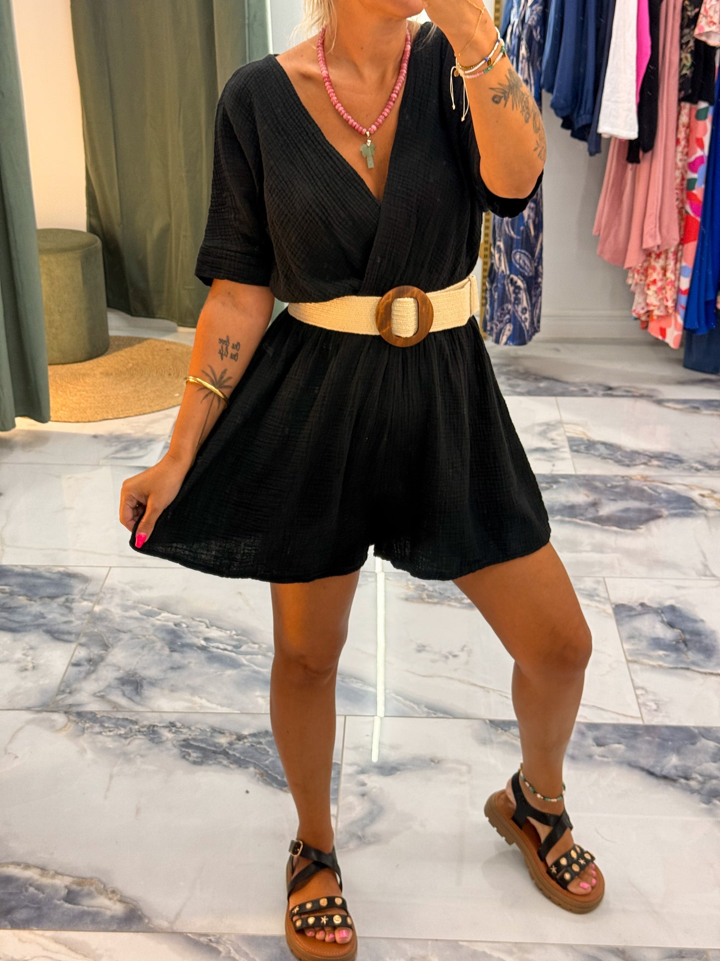 Combishort SANDY gaze de coton noir