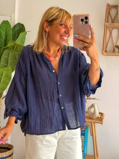 Blouse MAÉ voile de coton bleu marine