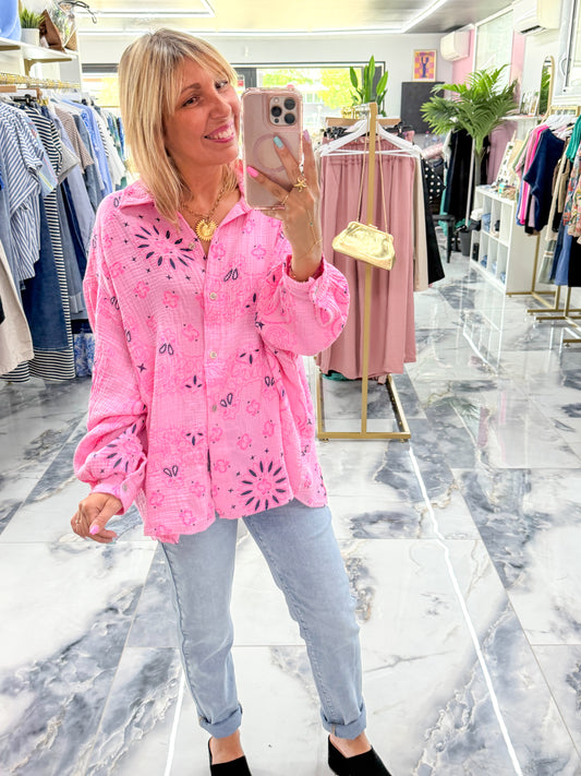 Chemise BANDANA gaz de coton rose Fluo