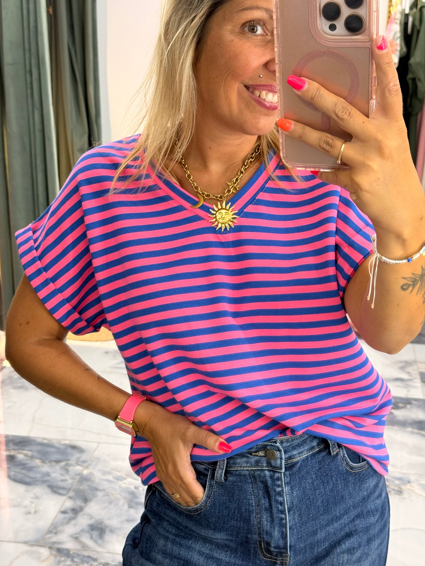 T-shirt MARINETTE rose/bleu col V