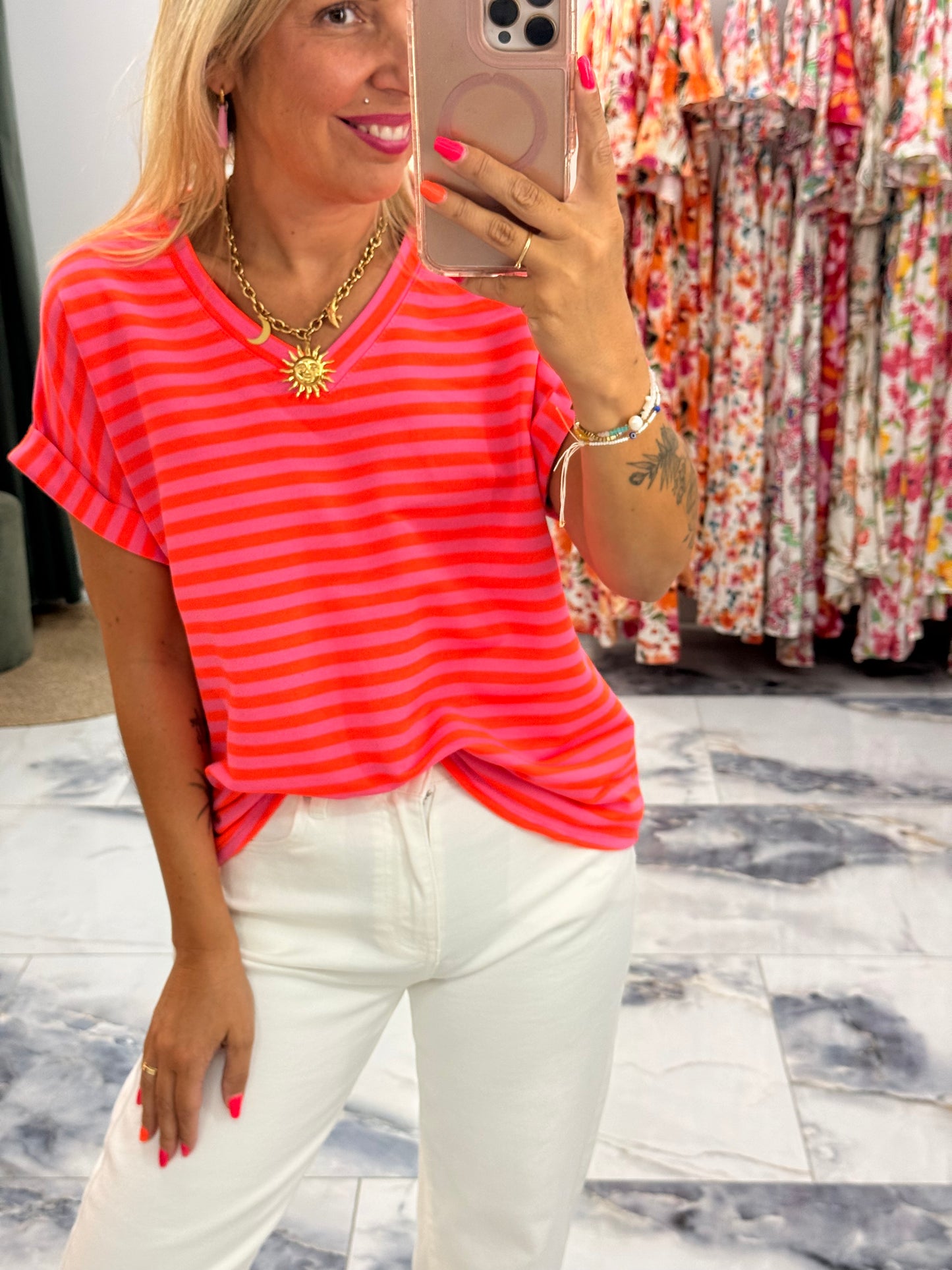 T-shirt MARINETTE orange/Fushia col V