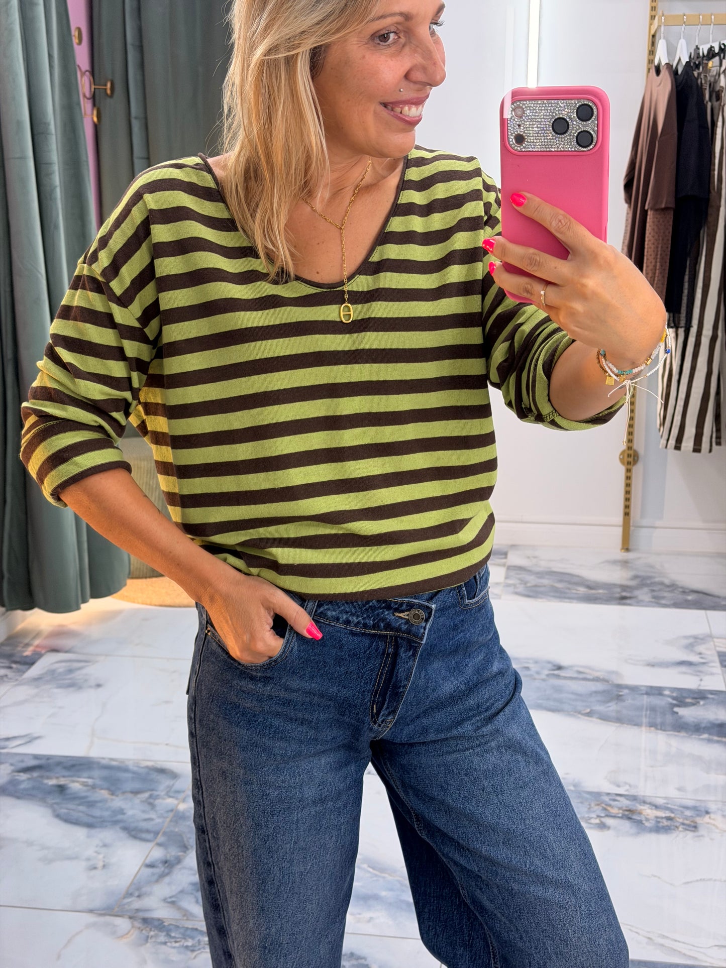 T-shirt marinière SUZIE vert/choco