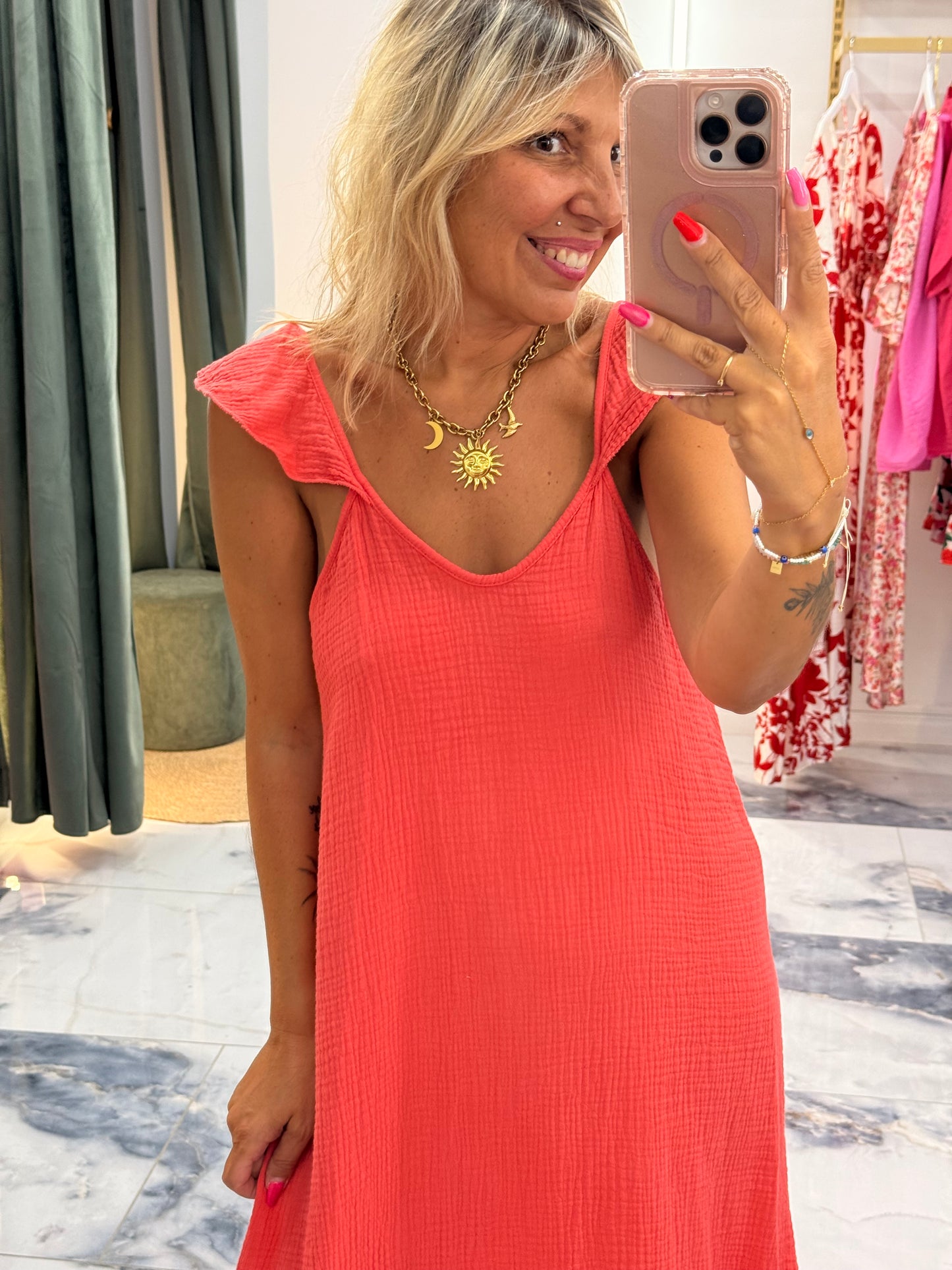 Robe SELENE gaze de coton corail