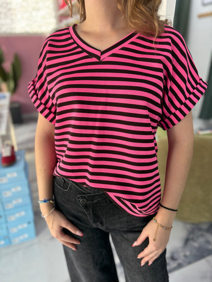 T-shirt MARINETTE rose/noir COL V