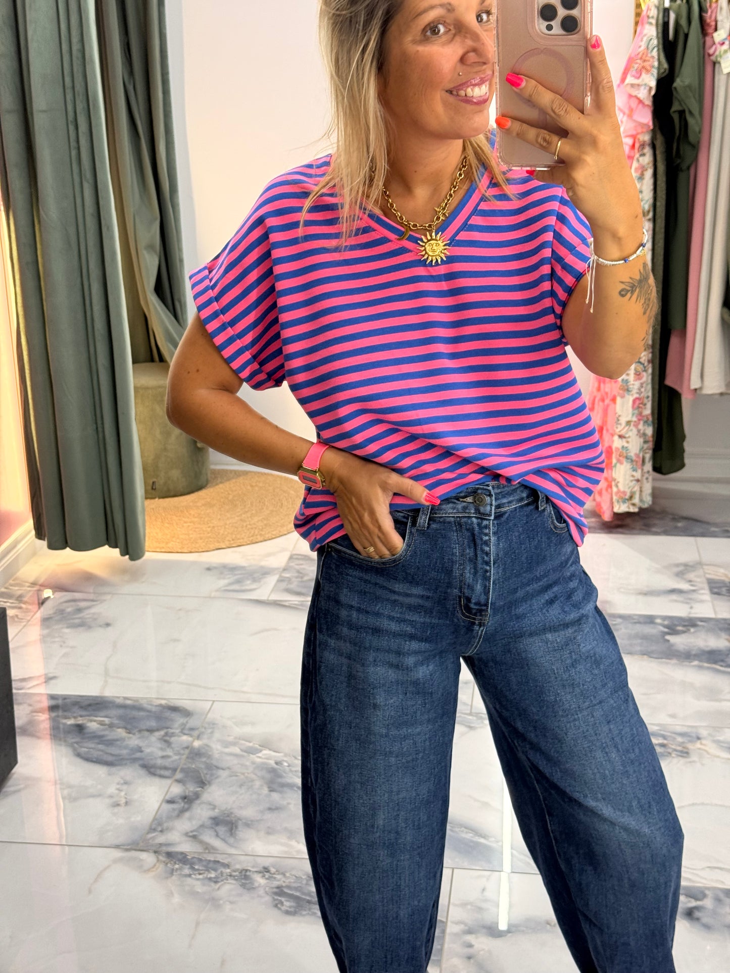 T-shirt MARINETTE rose/bleu col V