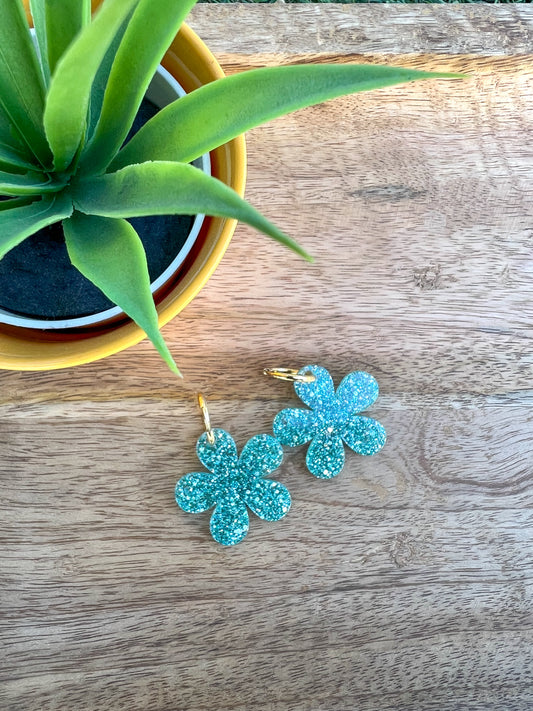 Happy - boucles d’oreilles fleurs pailletées bleu