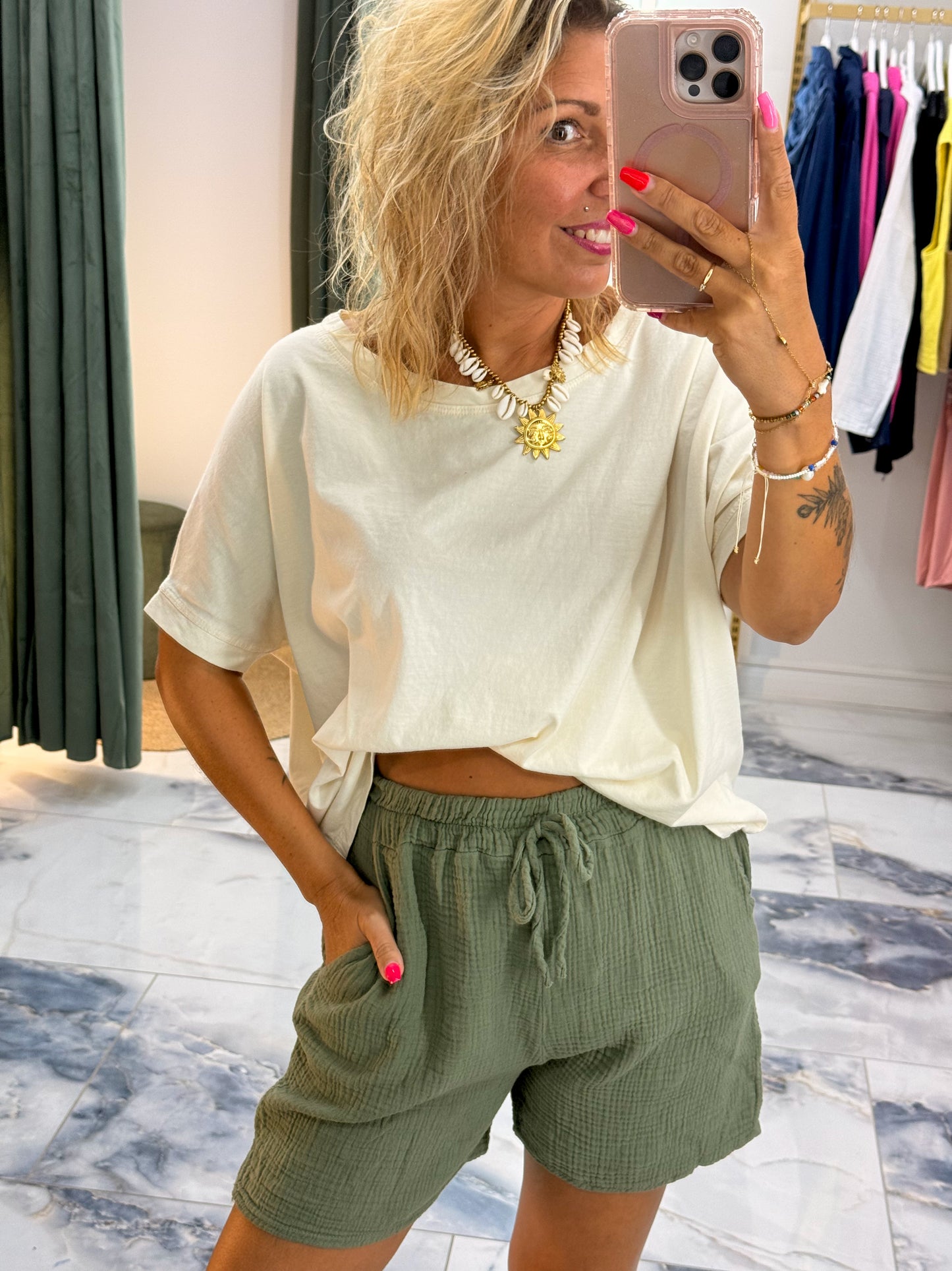Short BASIC gaze de coton kaki