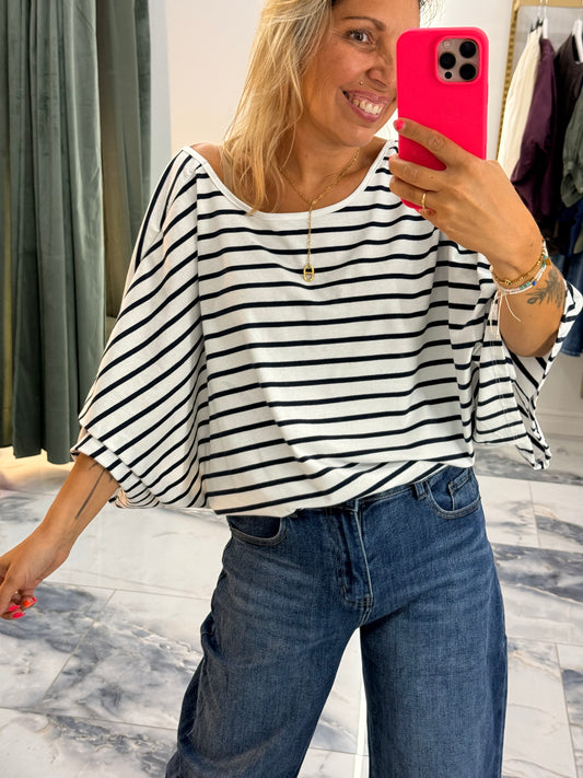 T-shirt rayé V blanc/marine