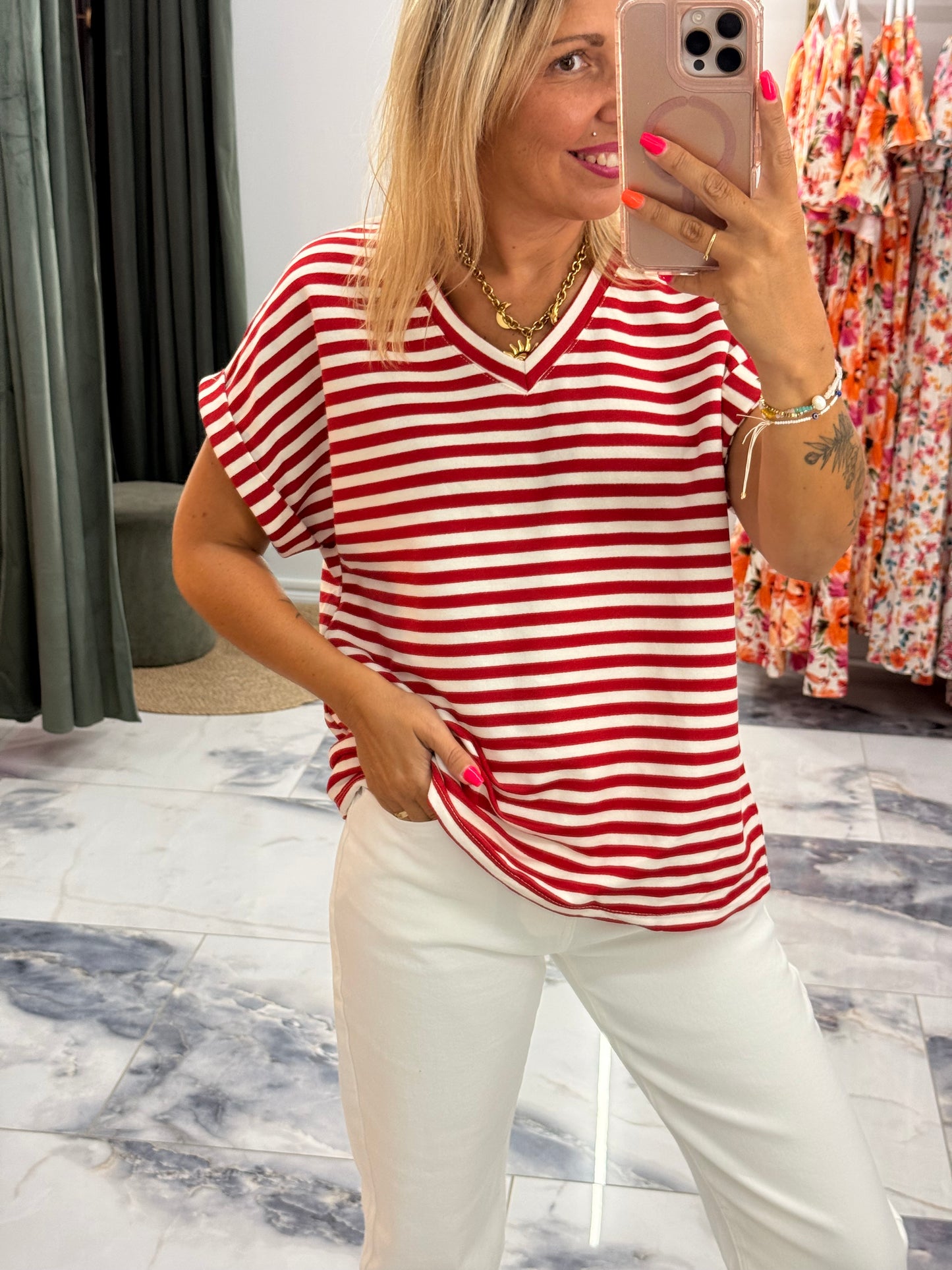 T-shirt MARINETTE rouge/blanc col V