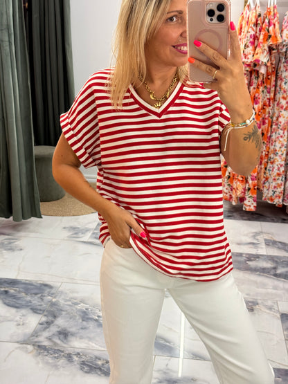 T-shirt MARINETTE rouge/blanc col V